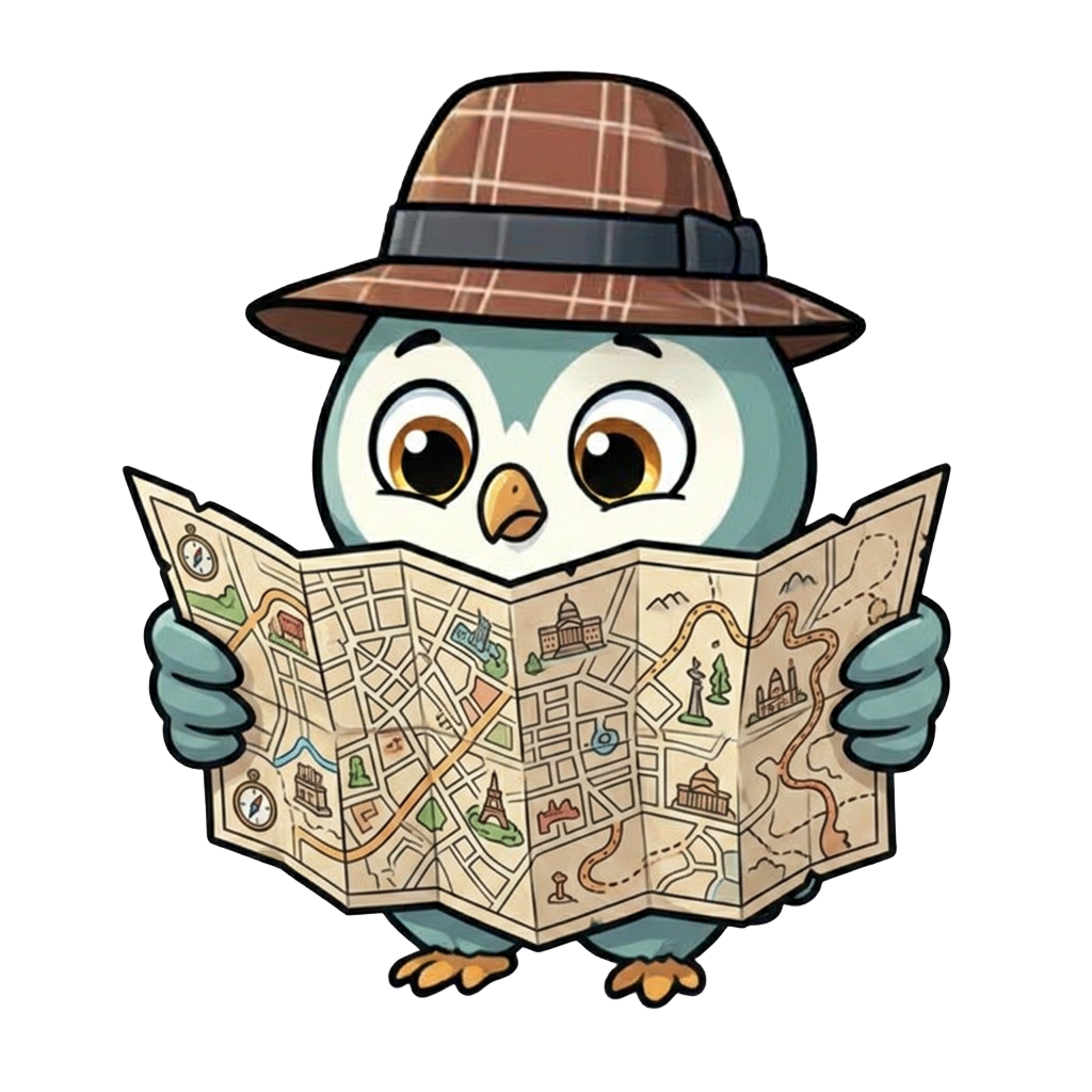 Gogo the owl reading a fold-out map