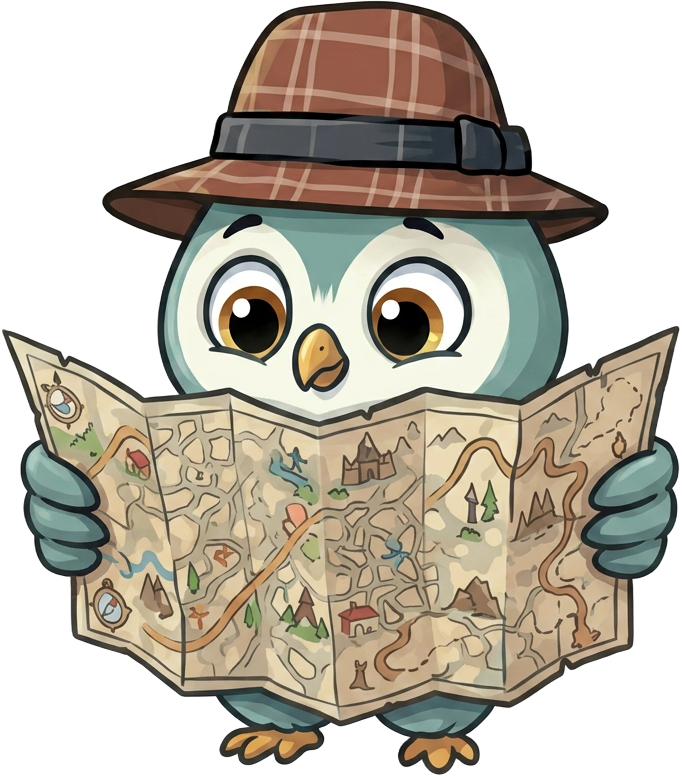 Gogo the detective owl studying a map next to the VibeLoco logo