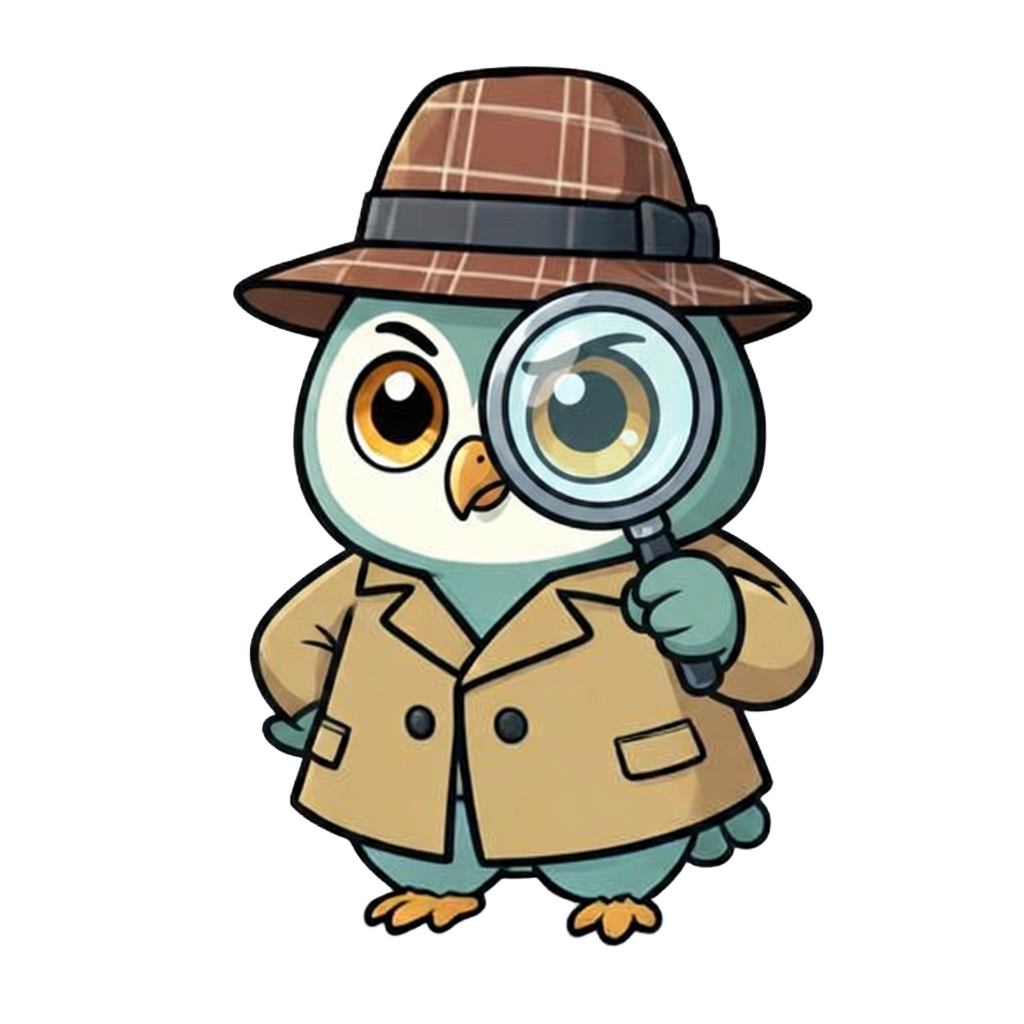 Gogo the owl, peering through his magnifying glass